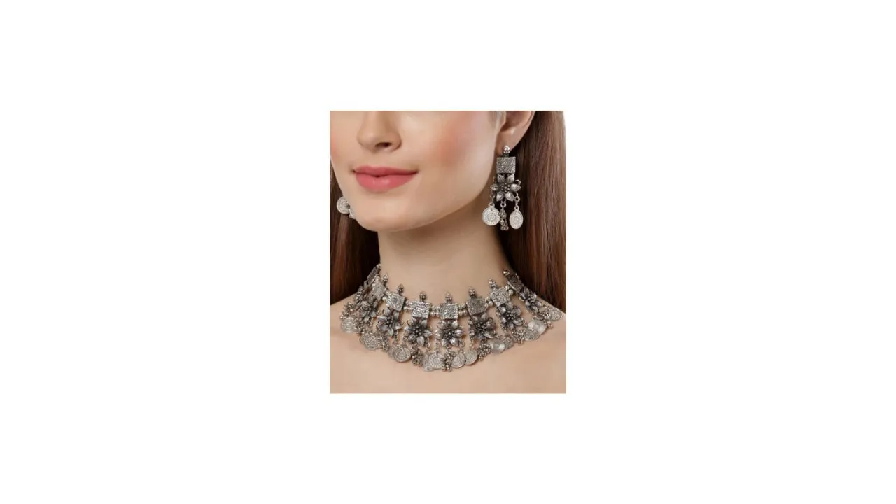 Shining Diva Silver-Plated Oxidised Jewellery Set