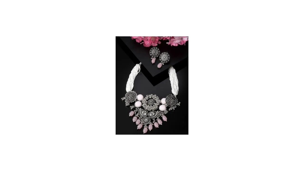 ADIVA Silver-Plated Oxidised Necklace And Earrings