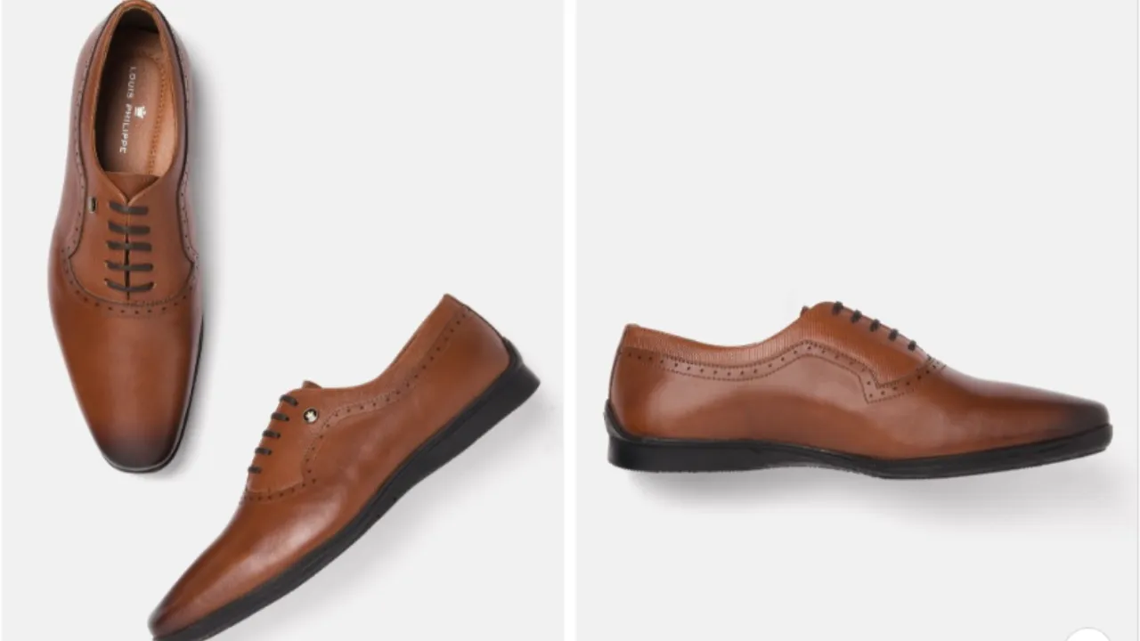Louis Philippe Men Textured & Perforated Detail Round-Toe Leather Formal Oxfords