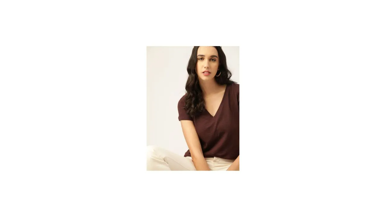 DressBerry Slub Effect V-Neck Pure Cotton T-shirt