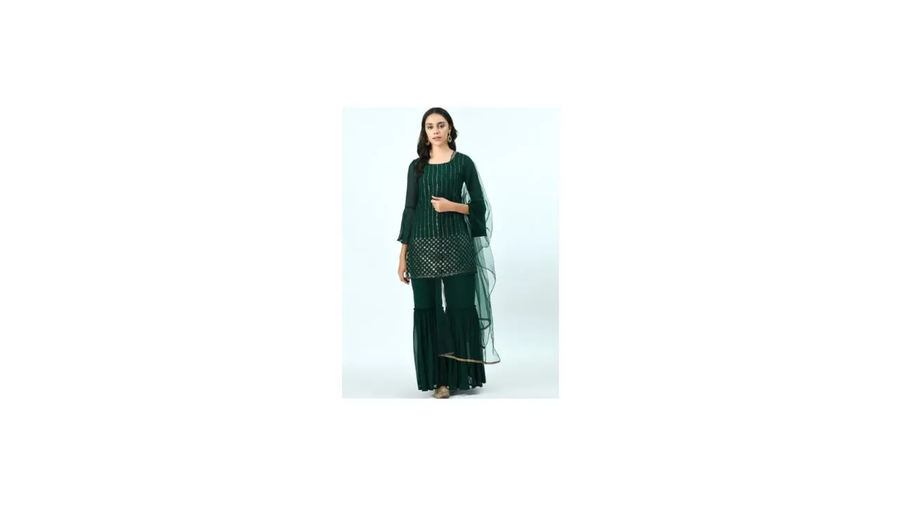 V&M Women Green Embellished Kurti with Sharara