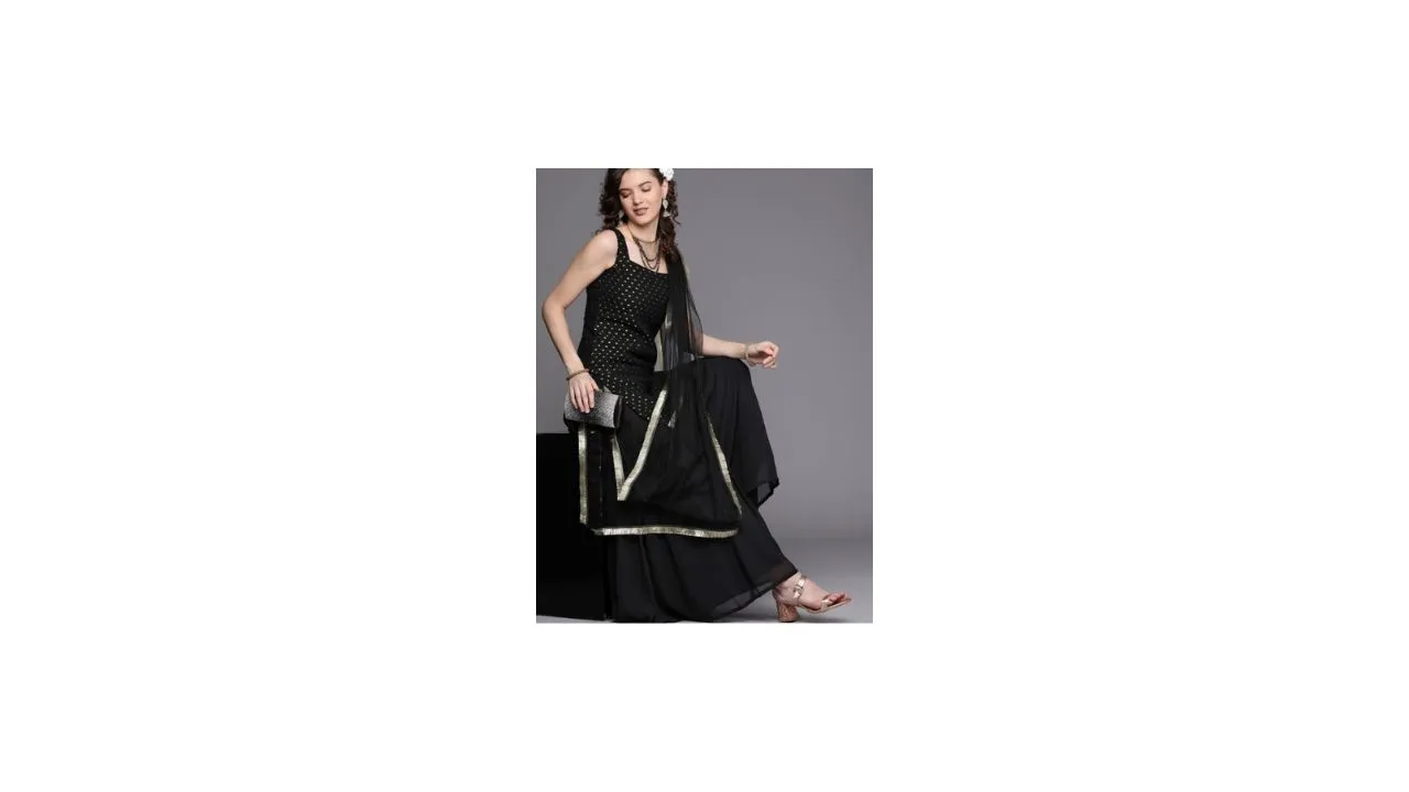 Inddus Women Black & Golden Kurta Set