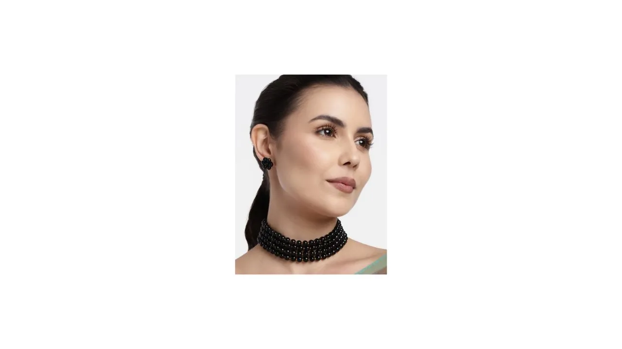 I Jewels Black & Gold-Plated Stone Jewellery Set