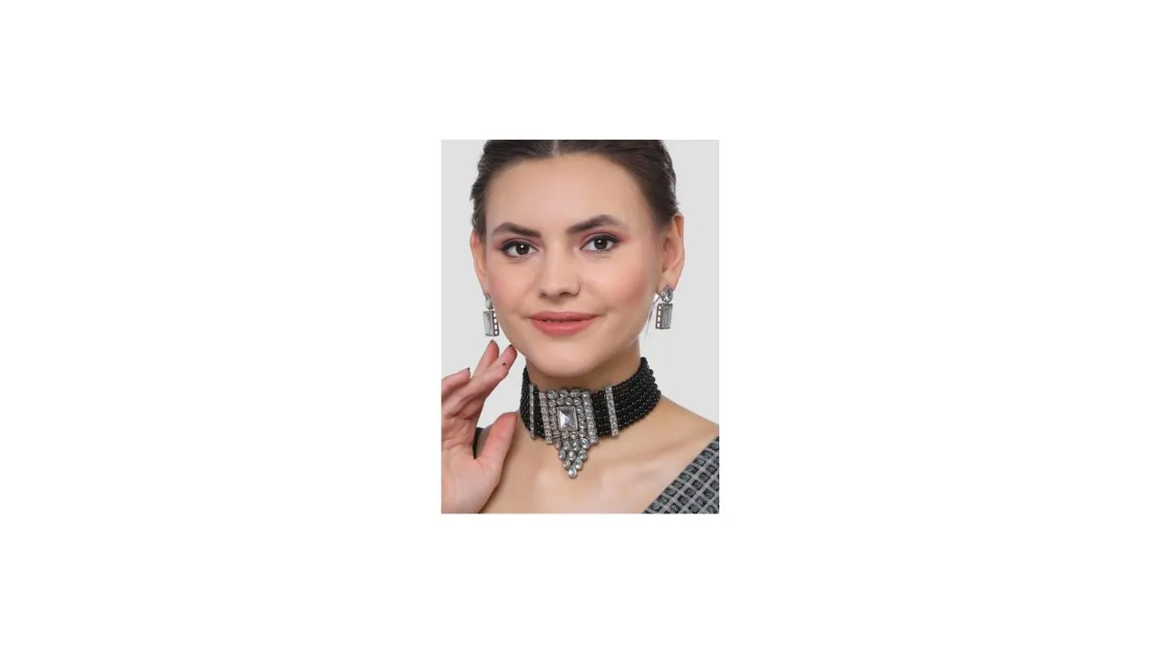 KARATCART Silver Plated Black Beaded Jewellery Set