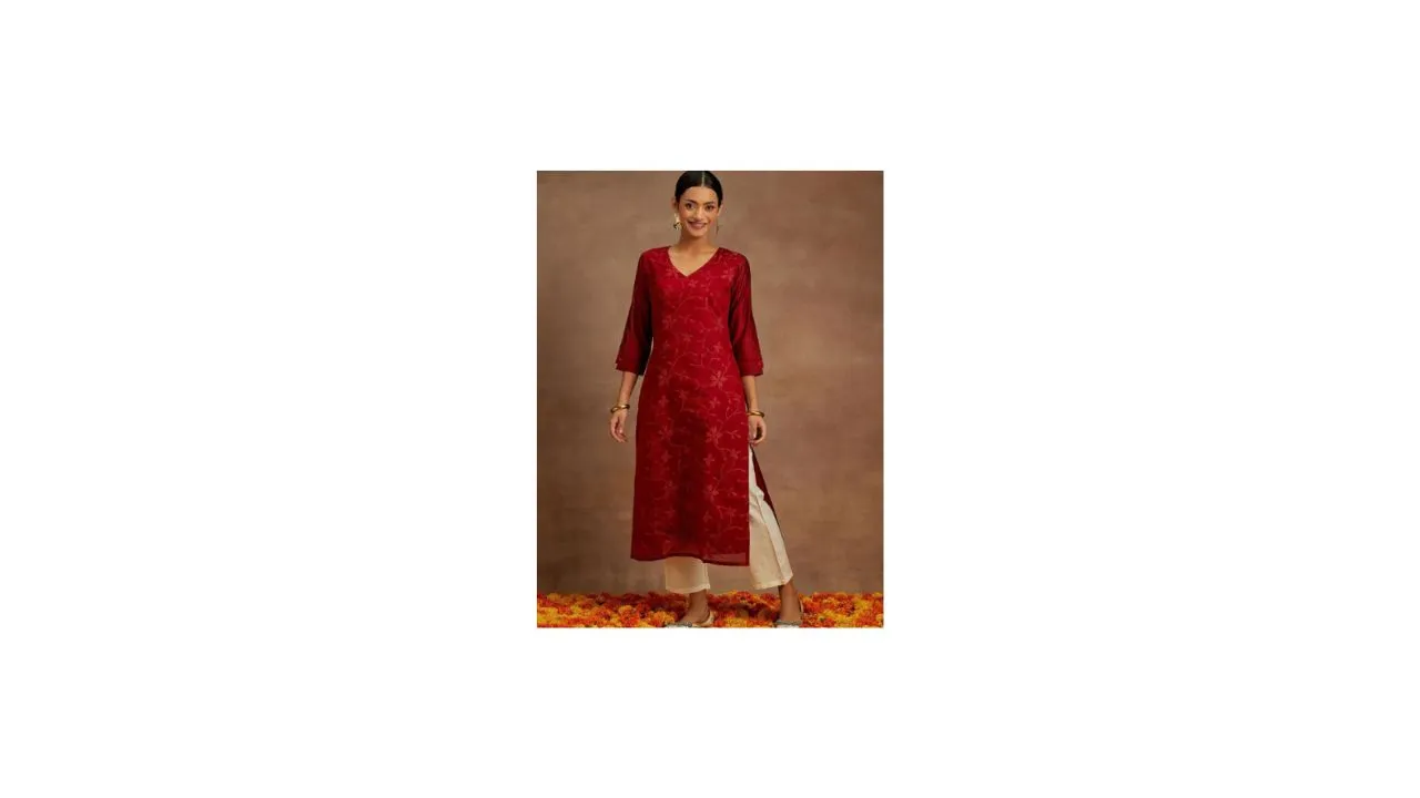 Libas Women Red Floral Thread Work Chanderi Silk Kurta