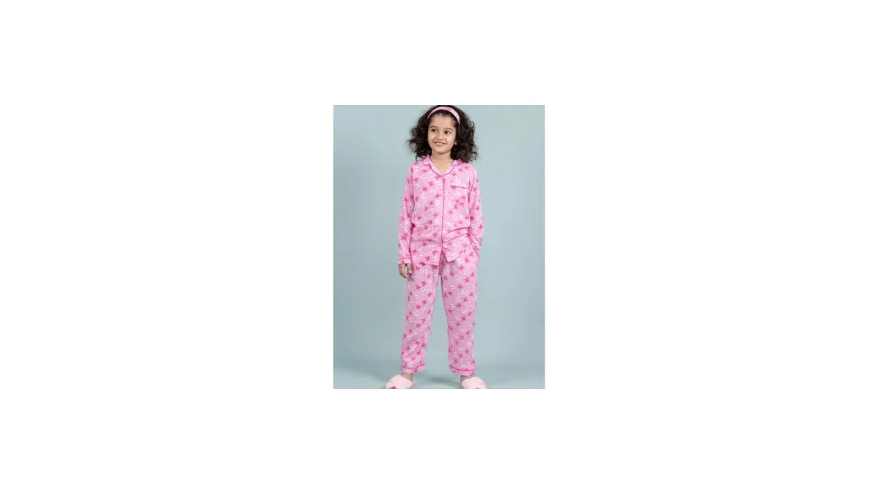 TWEENY MINI Girls Graphic Printed Lapel Collar Shirt & Pyjama