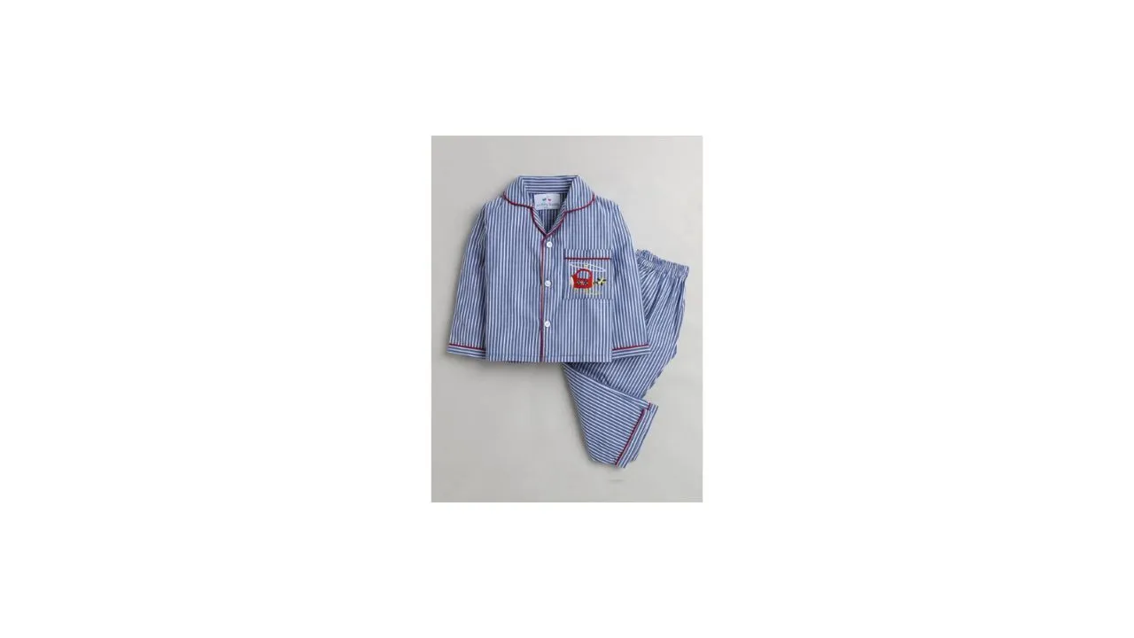 Knitting Doodles Unisex Kids Blue & White Striped Night suit