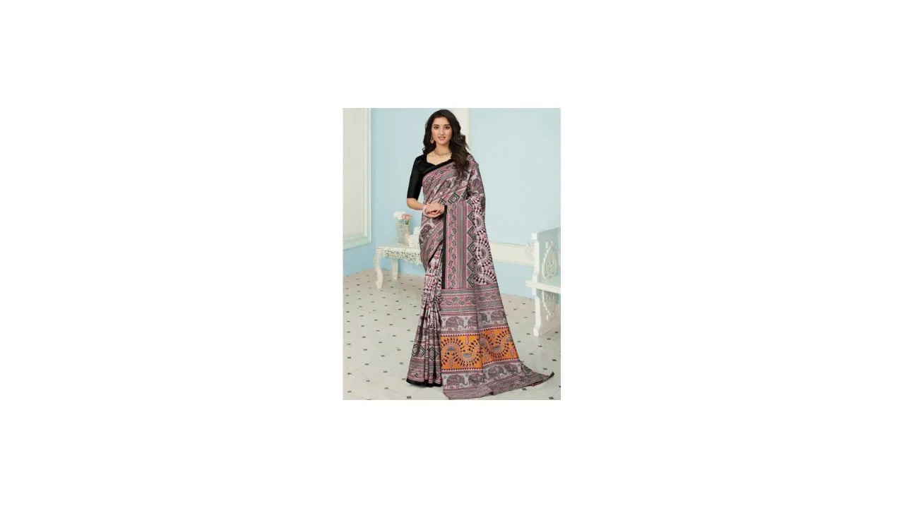 Mitera Grey & Orange Warli Art Silk Sambalpuri Saree