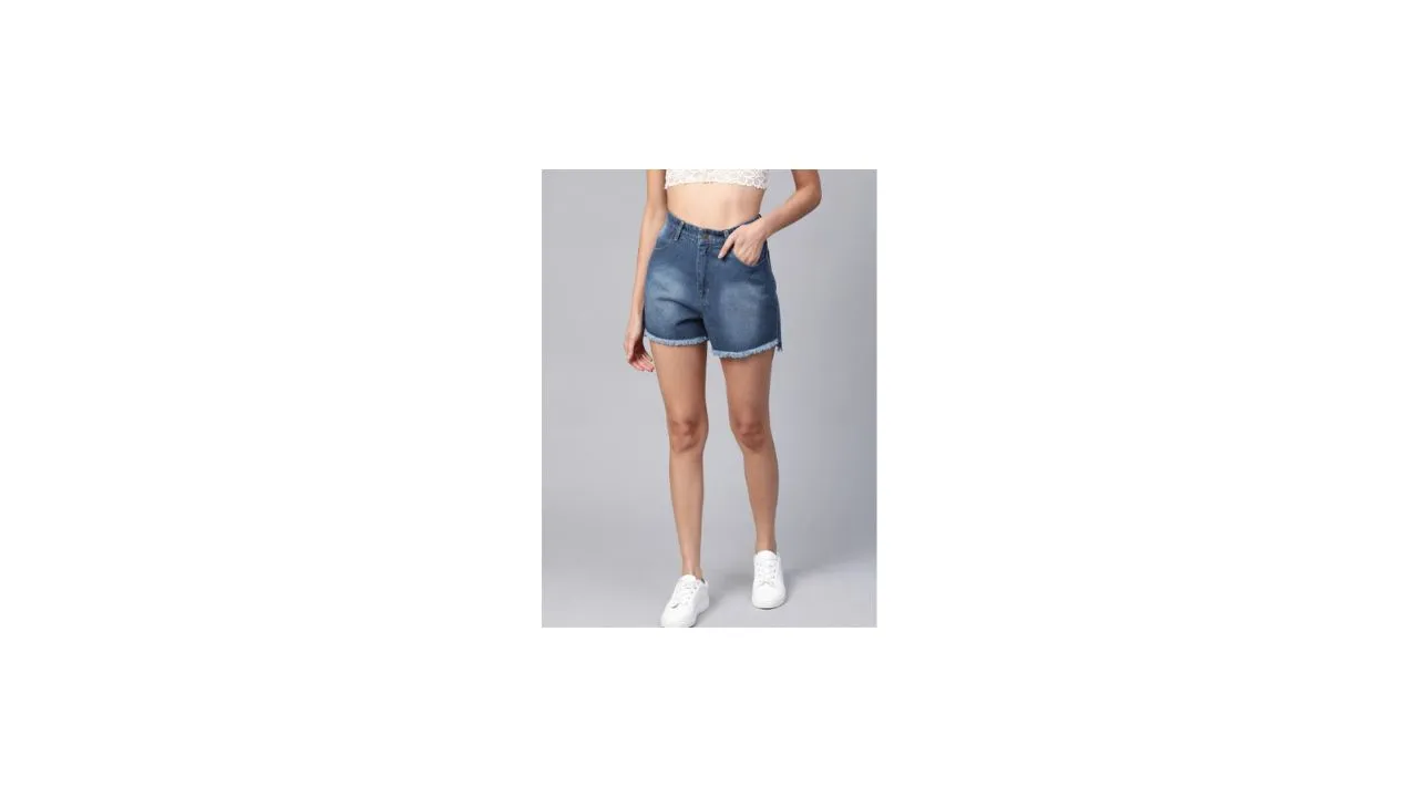 SASSAFRAS Women Blue Washed High-Rise Denim Shorts