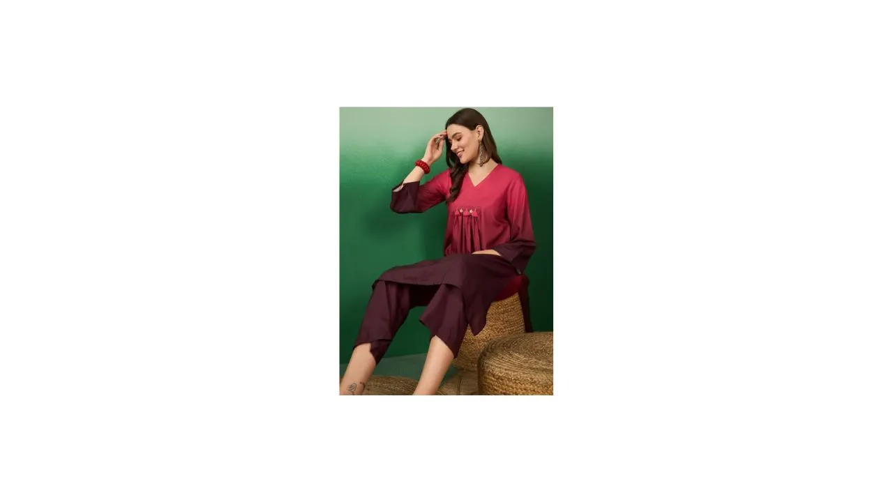 Sangria Ombre Printed V-Neck Tunic With Palazzos