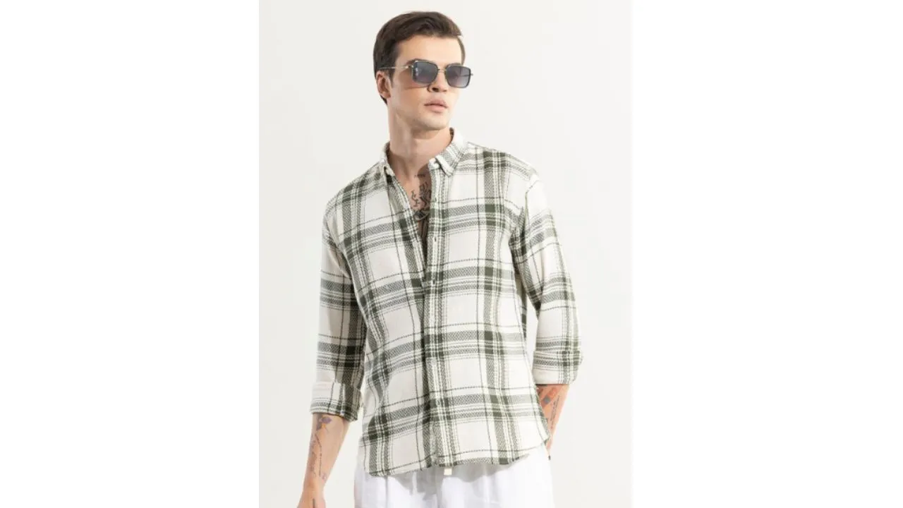 Green Classic Slim Fit Tartan Checked Cotton Casual Shirt