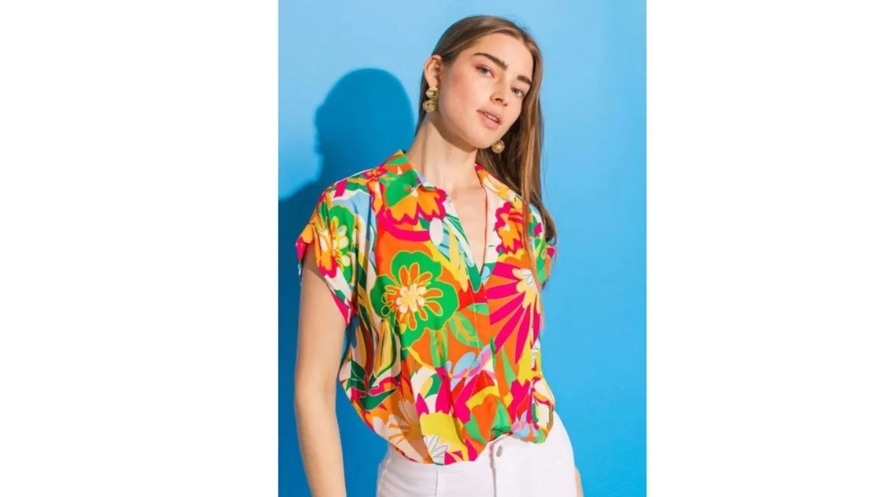 Women Floral Printed Shirt Collar Cotton Top