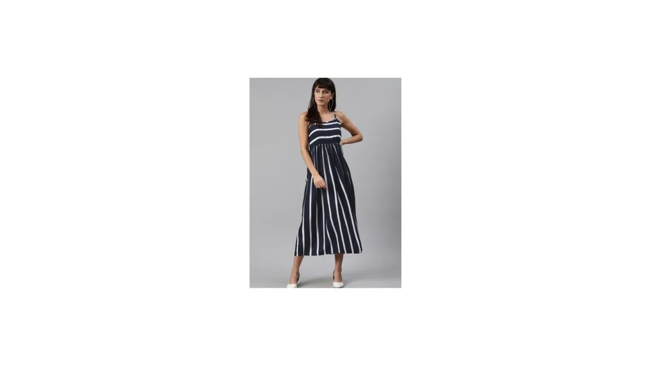 Meeranshi Women Navy Blue & White Liva Striped Maxi Dress