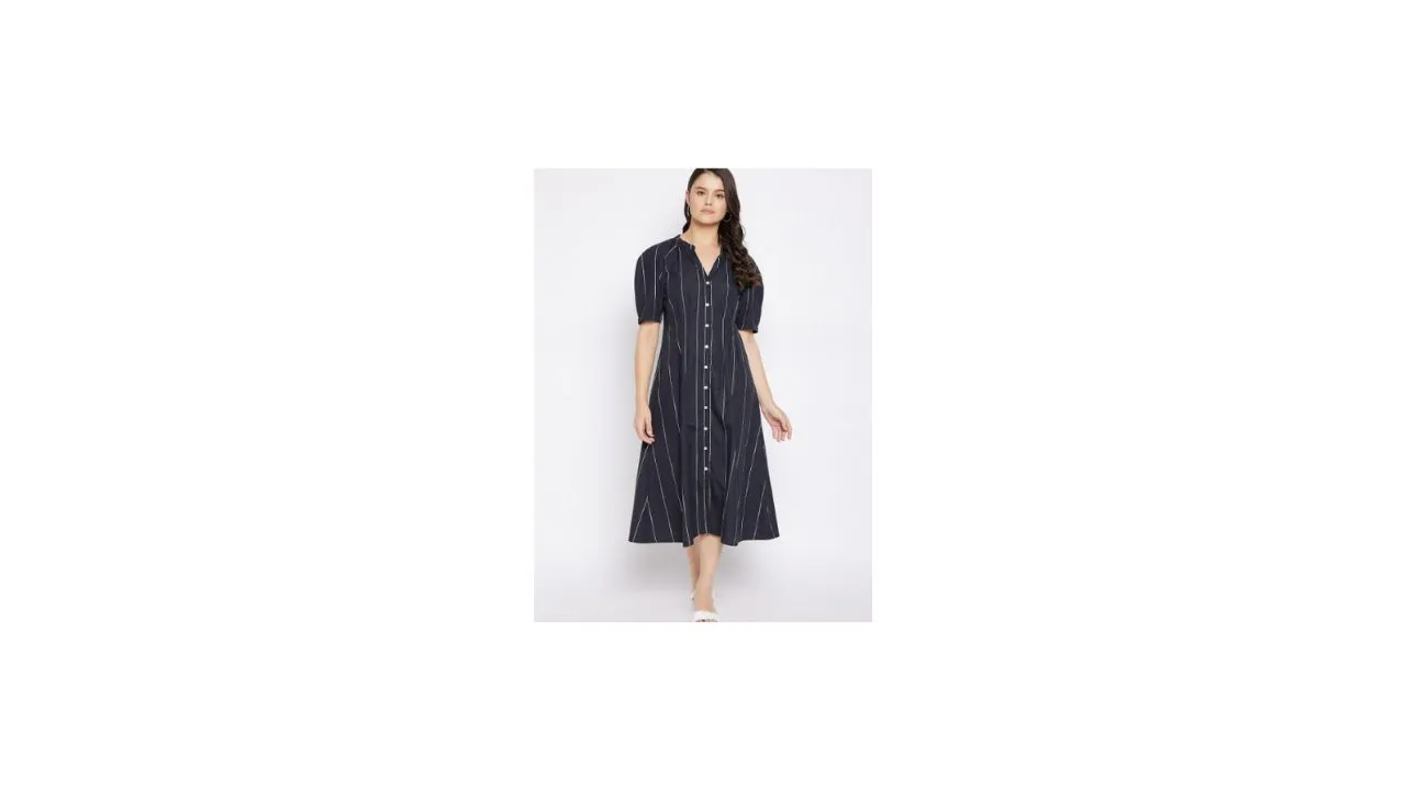 BAESD Striped Mandarin Collar Cotton A-Line Dress