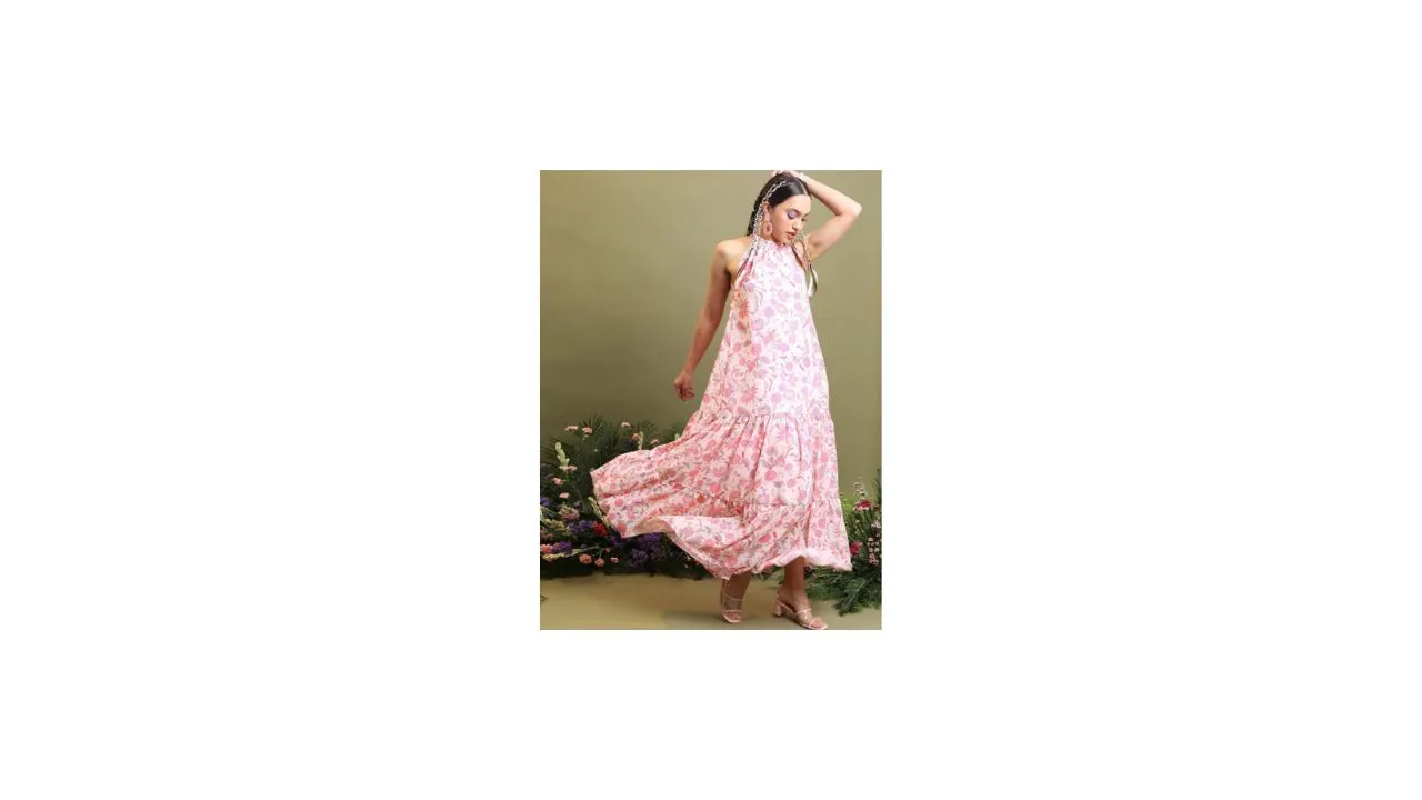 Vishudh Floral Printed Halter Neck Maxi Dress