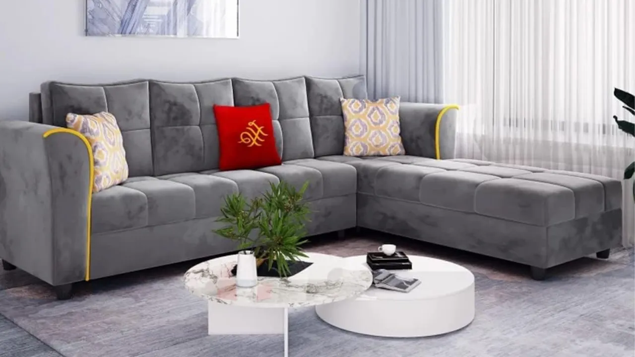 FURNY Melrond 6 Seater RHS Fabric Sectional L Shape Sofa Set