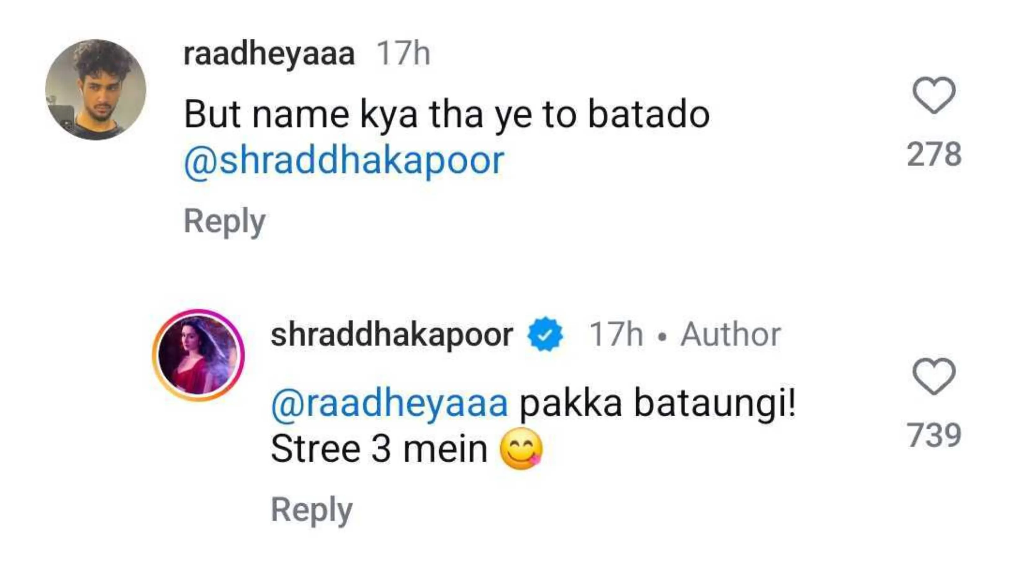 Shraddha's interaction with a fan on social media