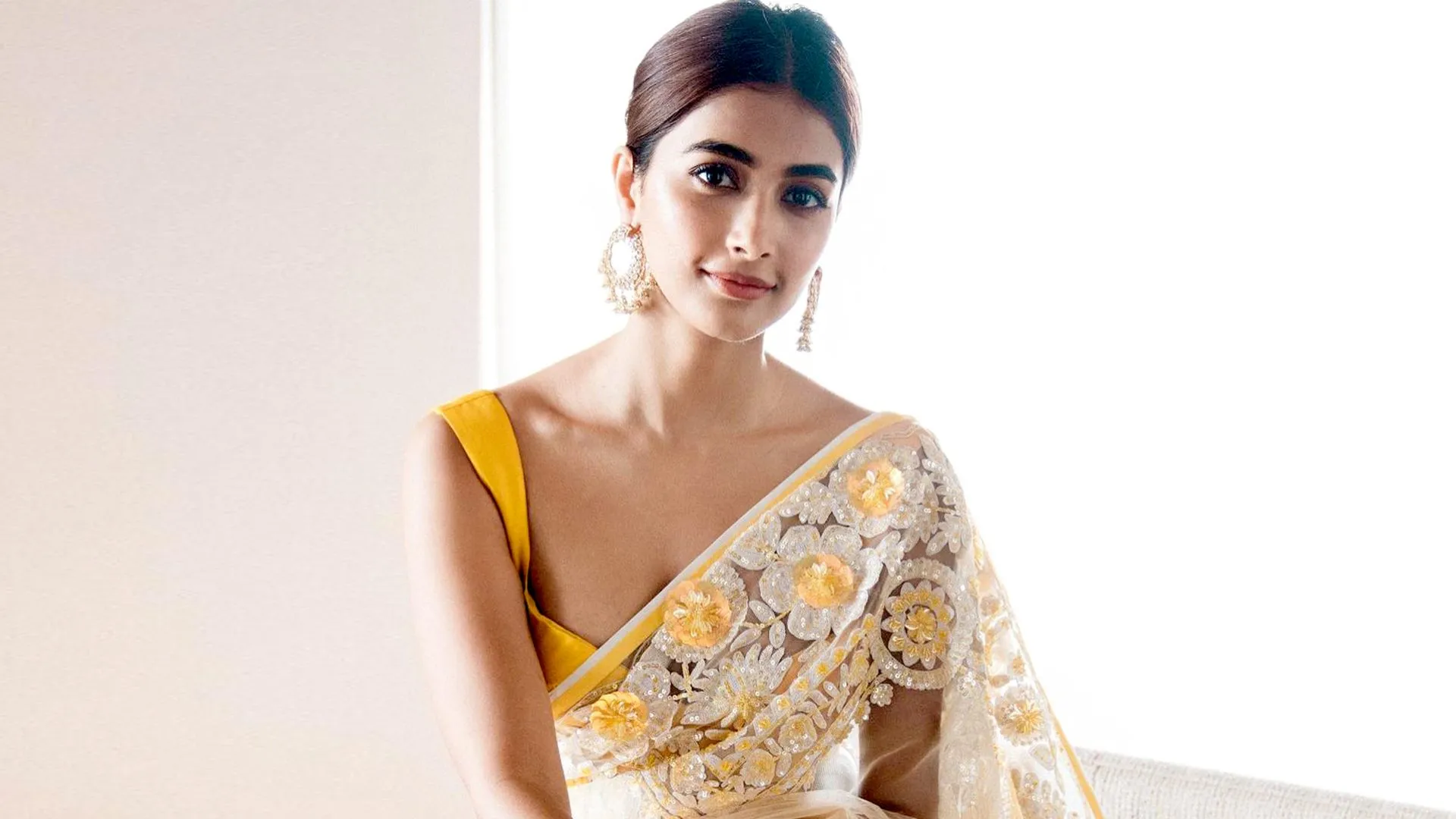 Pooja Hegde yellow sari by Manish Malhotra 1920x1080 