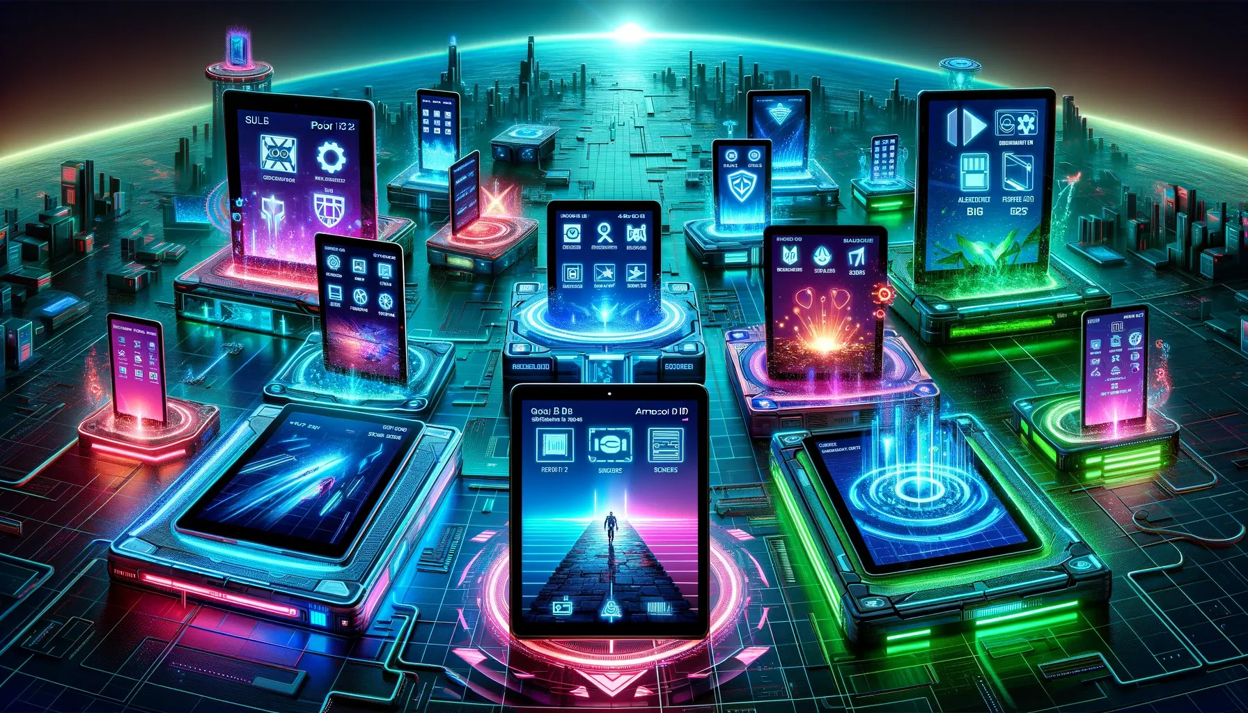  A futuristic sci-fi themed gaming world with glowing platforms and pixelated landscapes. Tablets (Apple iPad Pro 12.9, Samsung Galaxy Tab S9 Ultra, AS