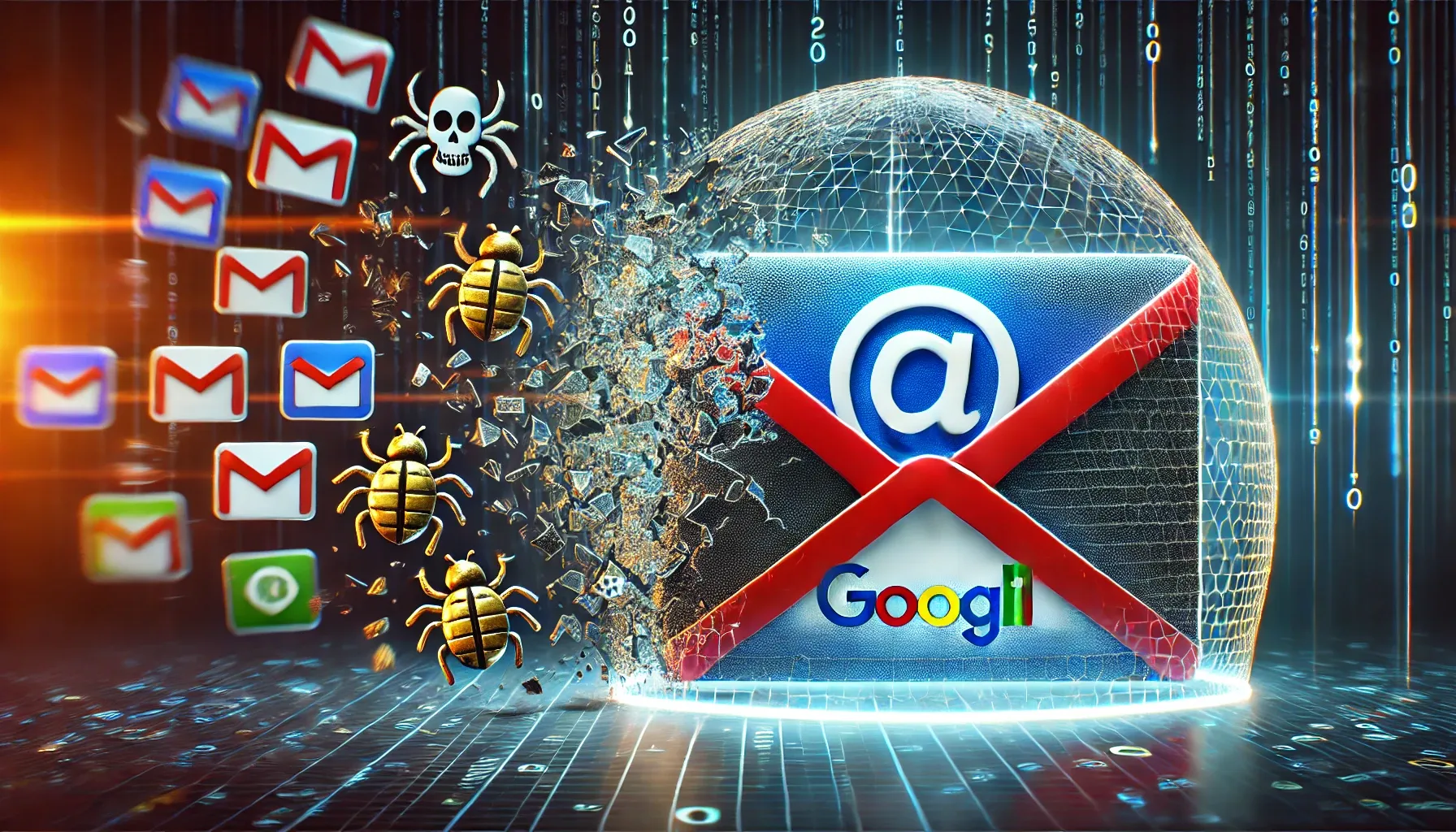 an email with phishing and malware symbols (e.g., skull icons, bugs, and chains) bouncing off or disin