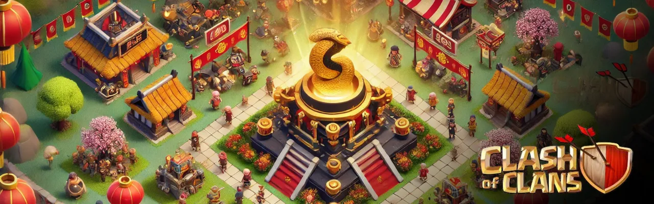 An overhead view of a festive village square in Clash of Clans, bustling with activity. At the center, a grand pedestal displays the new Hero Equipmen