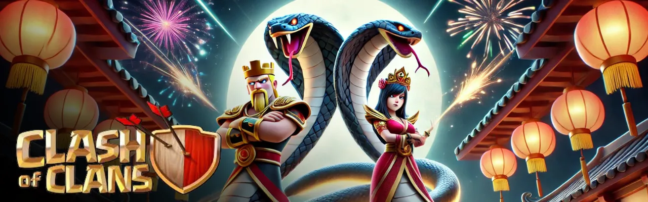 A dynamic composition featuring the new Snake King and Snake Queen hero skins from Clash of Clans standing back-to-back, poised for battle. Coiled aro