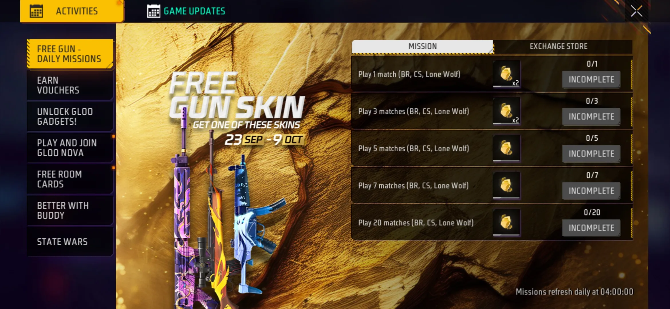 Free Fire MAX Free Gun Skins Missions