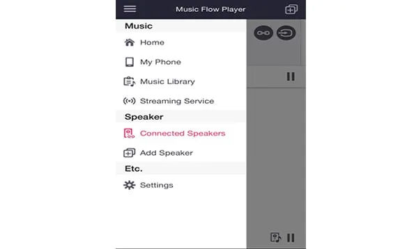 lg music flow side bar menu