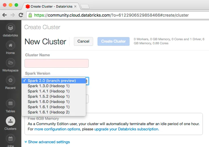 Screenshot of creating a new Apache Spark 2.0 Tech Preview Cluster workflow in Databricks