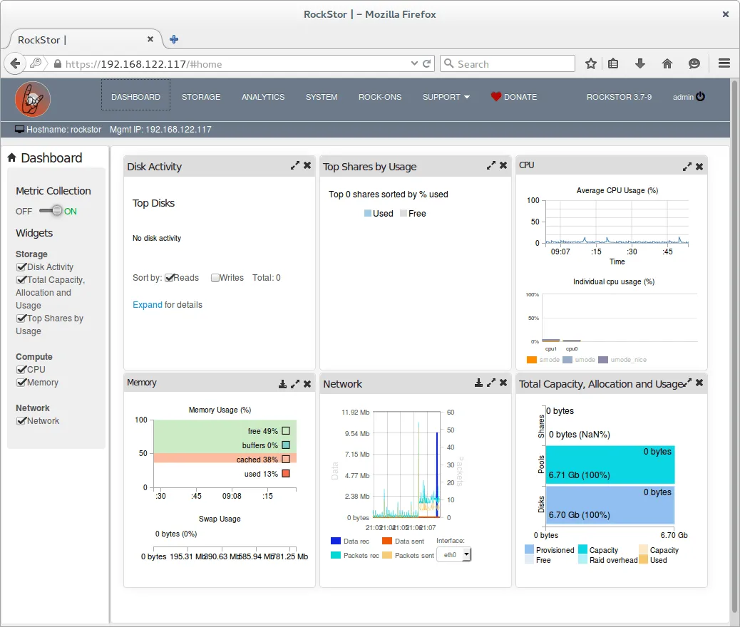 rockstor dashboard no drives