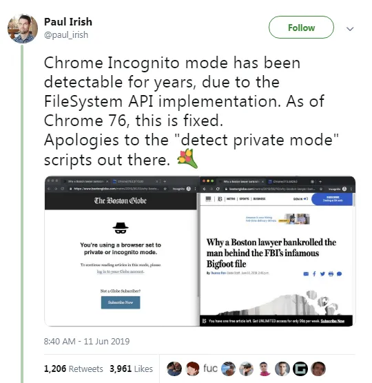 Paul Irish's tweet screenshot about chrome 76