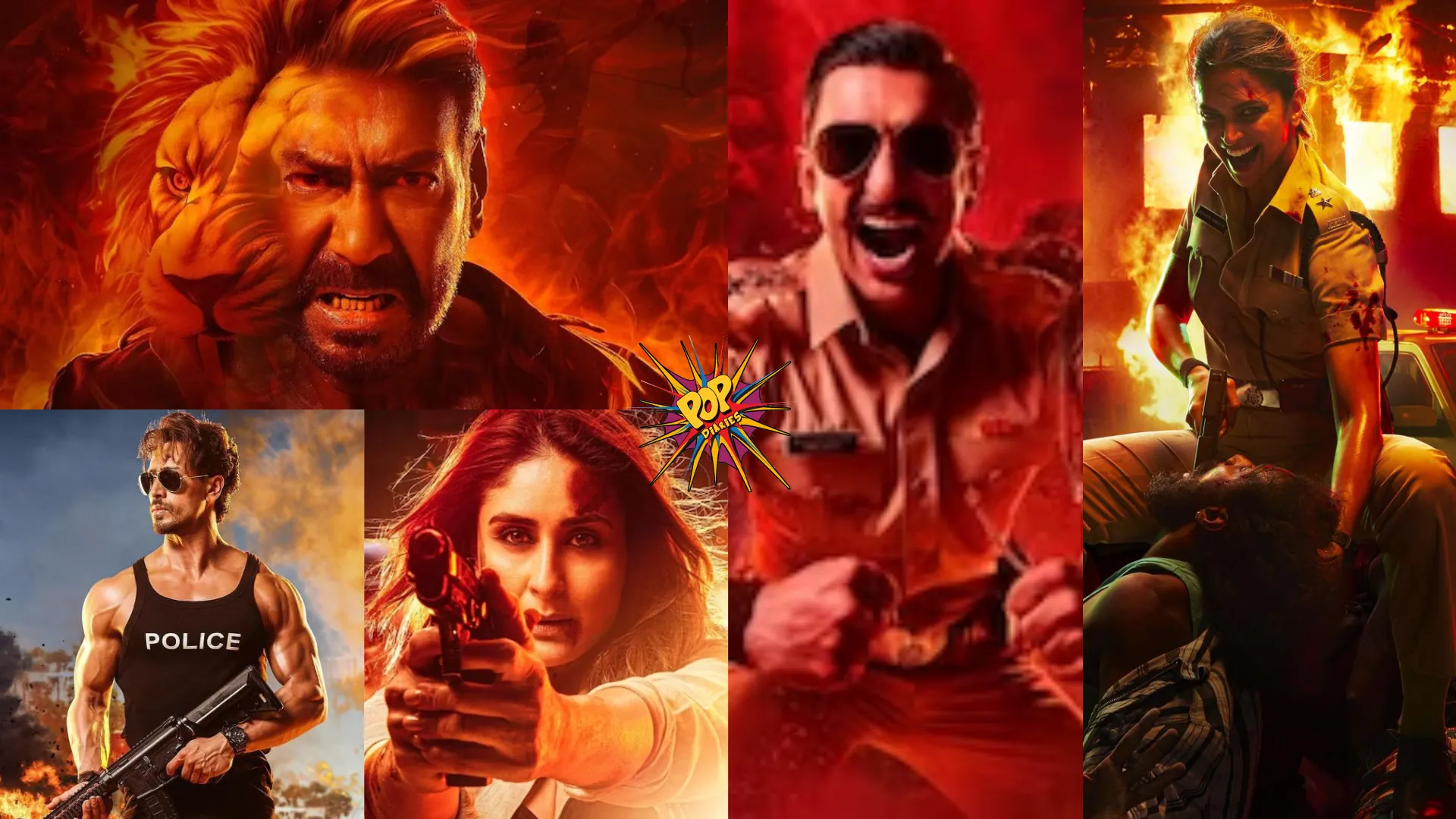 Singham Again Ajay Devgn, Kareena Kapoor, Deepika Padukone, Akshay Kumar, Tiger Shroff, and Ranveer Singh.png