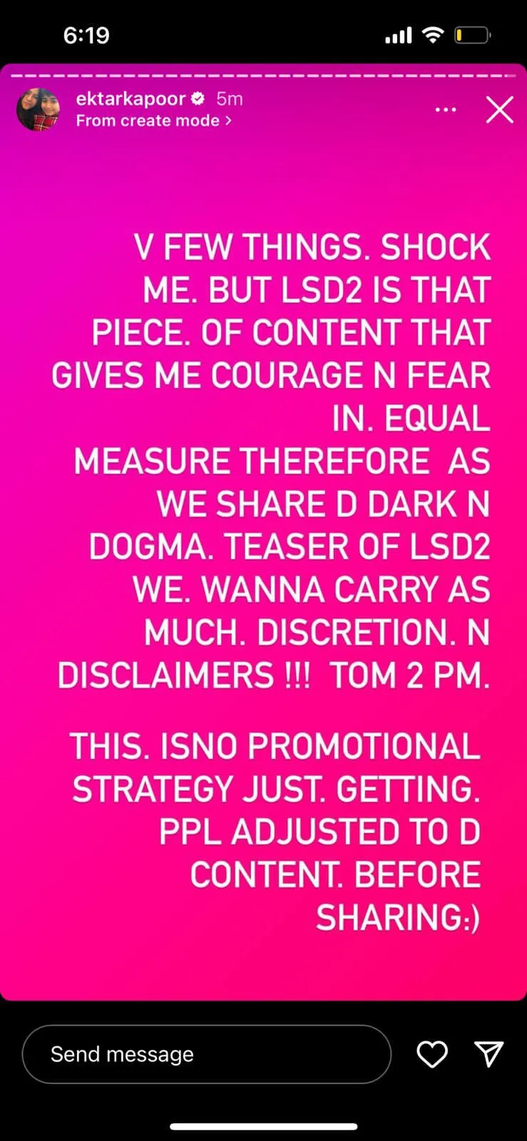 Ahead of the teaser drop, here is a disclaimer from producer Ektaa R Kapoor for Love Sex Aur Dhokha 2, saying, LSD2 IS THAT PIECE. OF CONTENT THAT GIVES ME COURAGE N FEAR IN. EQUAL MEASURE