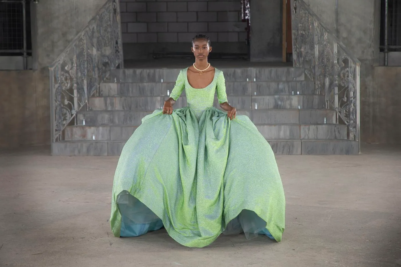 A model displays a creation by Edward Crutchley during his Season 16 show, as part of London Fashion Week in London, Friday, Sept. 17, 2021.