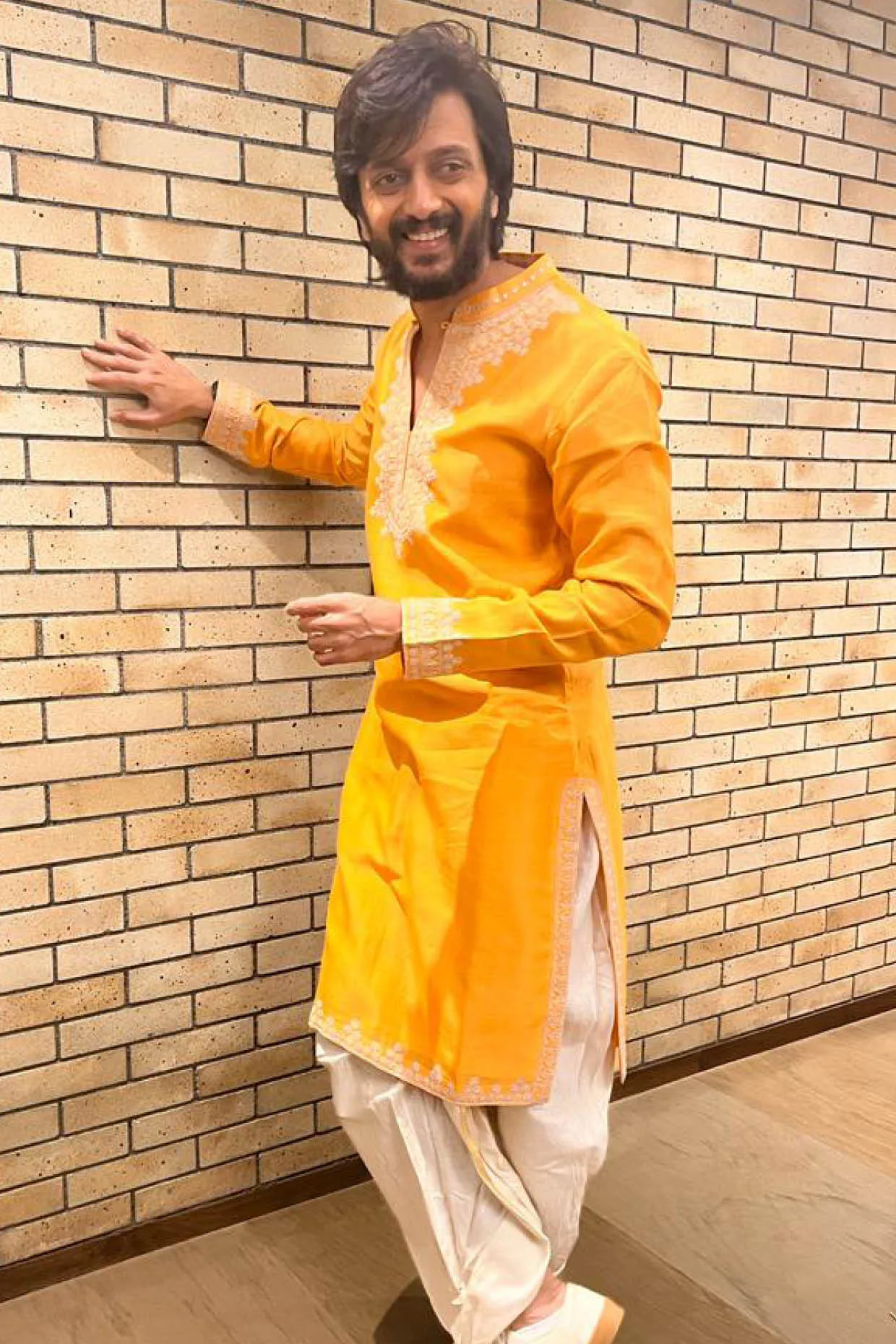 Devnaagri - Riteish Deshmukh in Orange Embroidered Chanderi Kurta Set