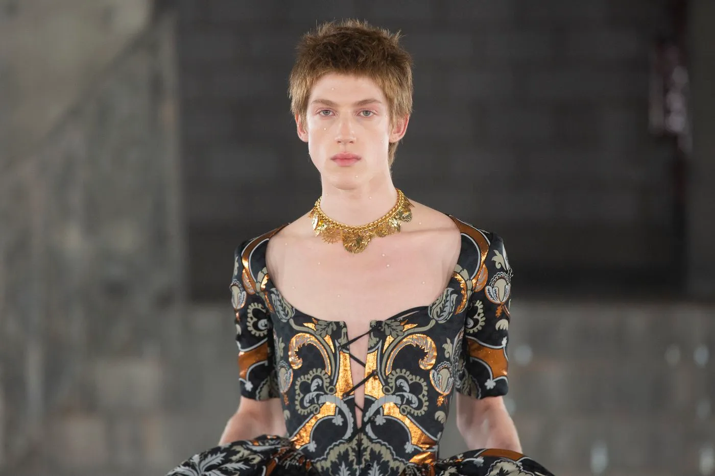 A model displays a creation by Edward Crutchley during his Season 16 show, as part of London Fashion Week in London, Friday, Sept. 17, 2021