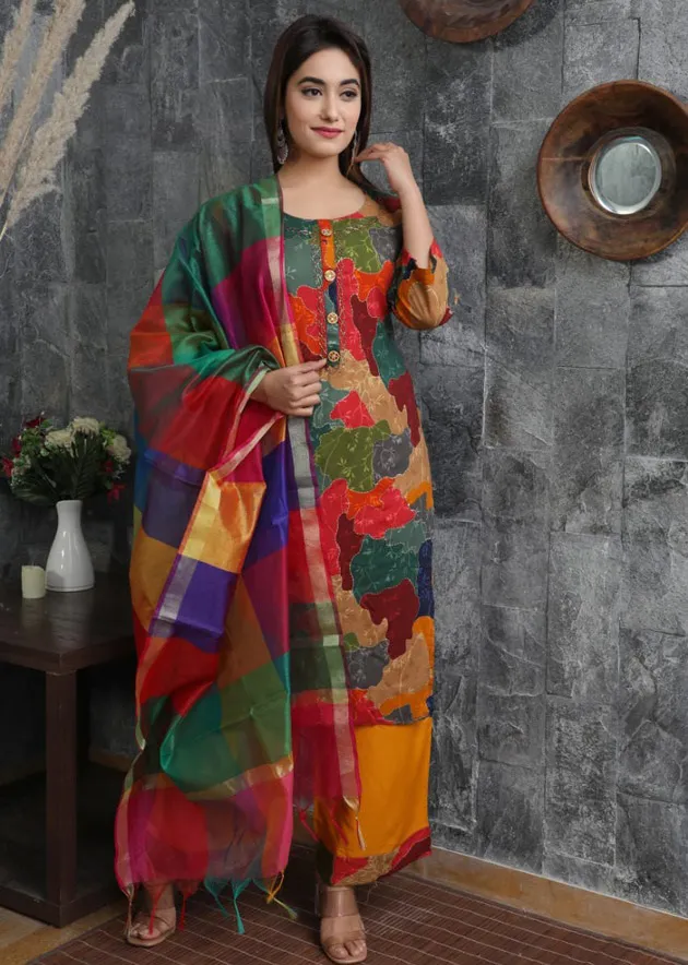 Multi-colour kurti, palazzo & dupatta with beautiful prints & handwork -  Kurti Fashion