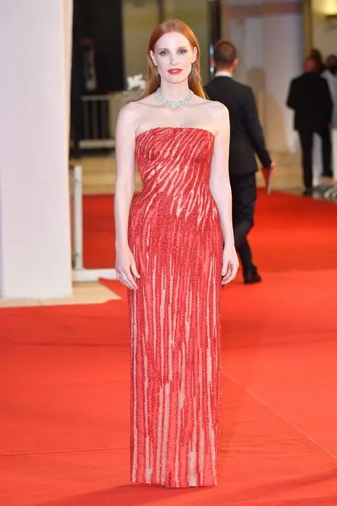 venice, italy   september 04 jessica chastain attends the red carpet of the movie "scenes from a marriage ep 1 and 2" during the 78th venice international film festival on september 04, 2021 in venice, italy photo by stephane cardinale   corbiscorbis via getty images