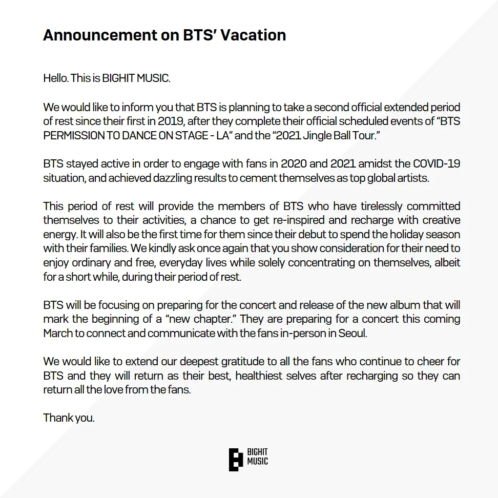 Popular BigHit Music Announces 2nd Ever Official Vacation For BTS To Rest And Recharge<br />
