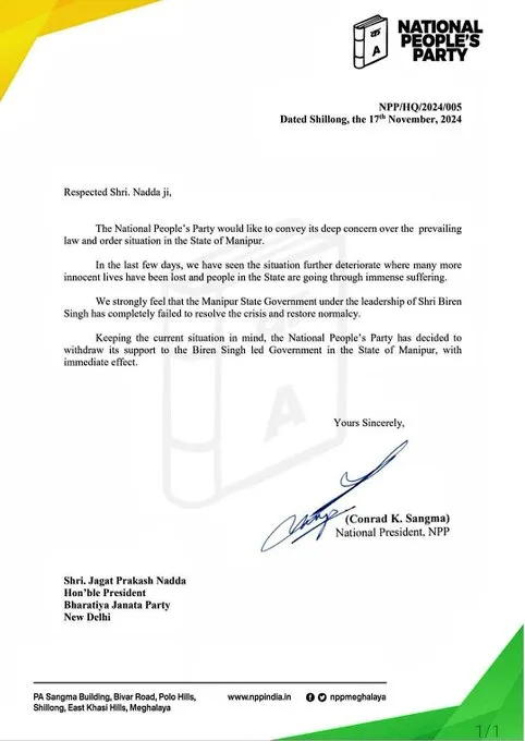 Conrad Sangma's letter to JP Nadda