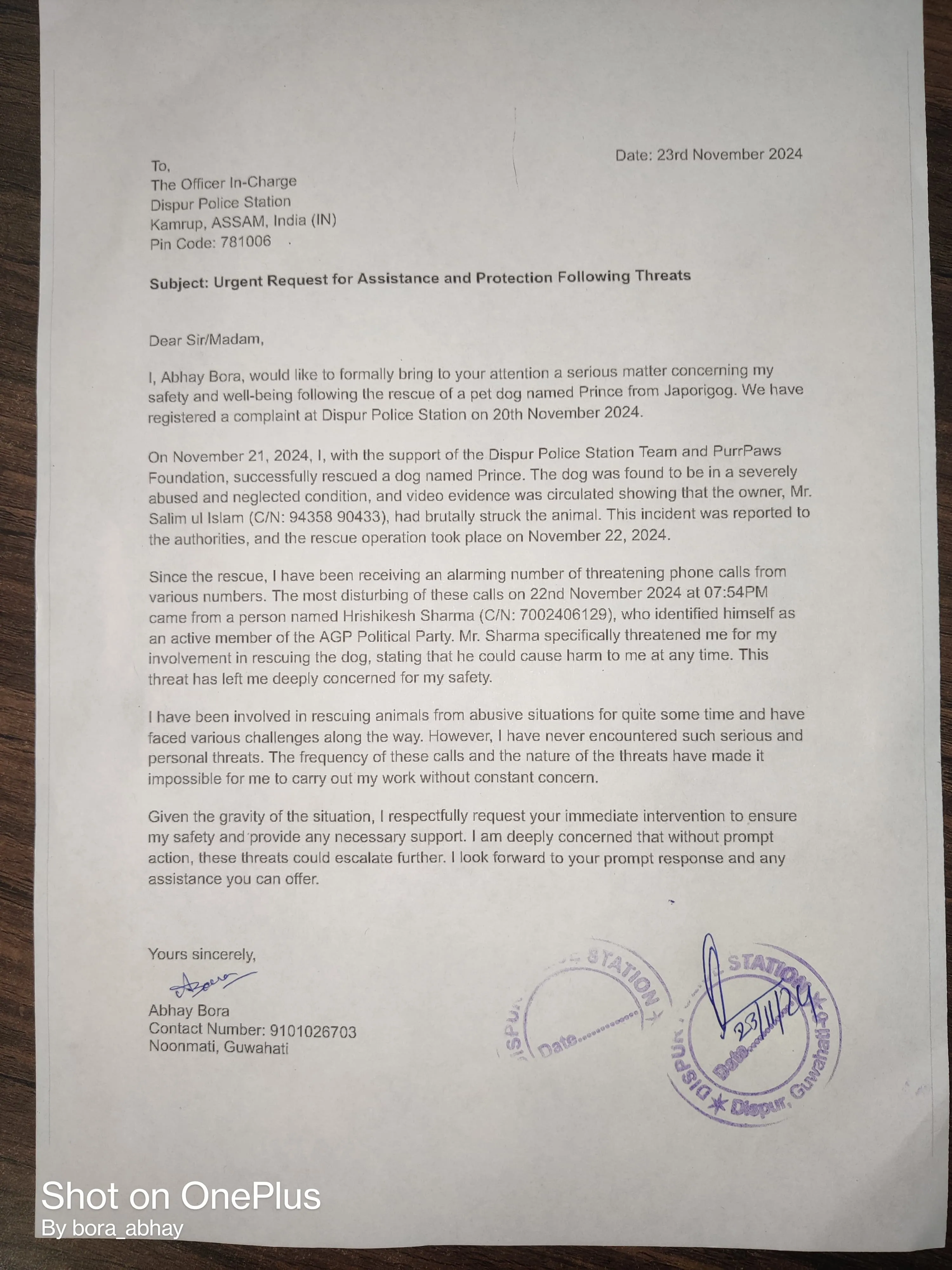 The letter to police