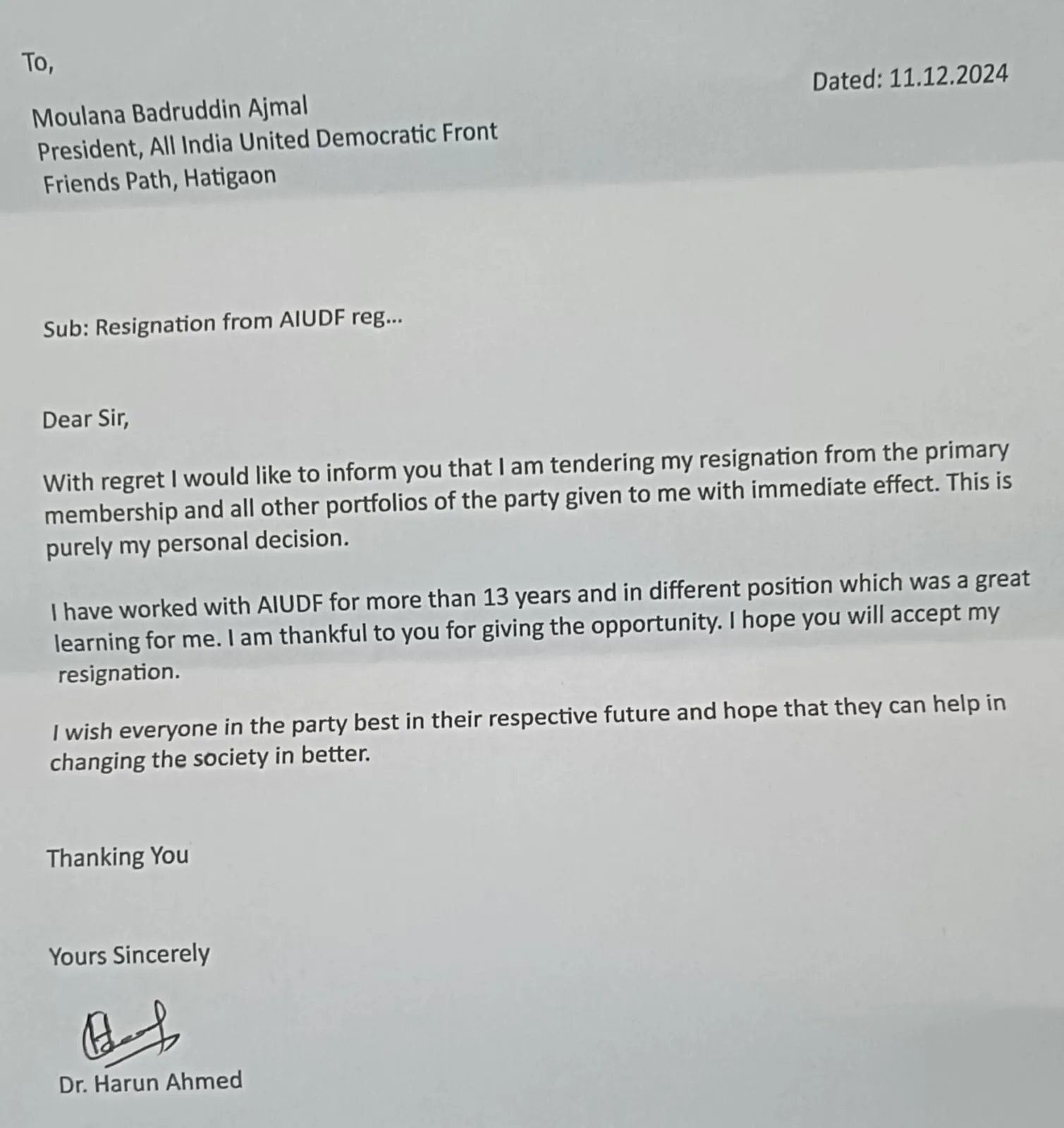 Harun Ahmed's Resignation