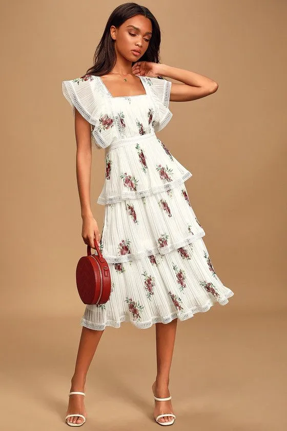 Thriving Romance White Floral Print Tiered Midi Dress