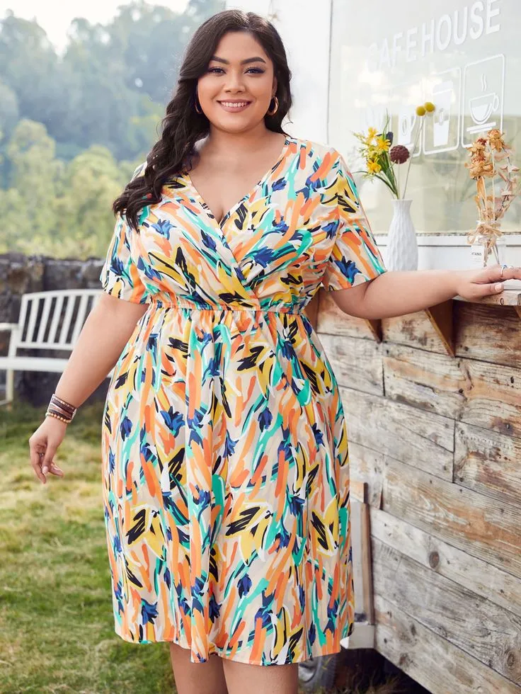 Plus All Over Print Wrap V Neck Dress