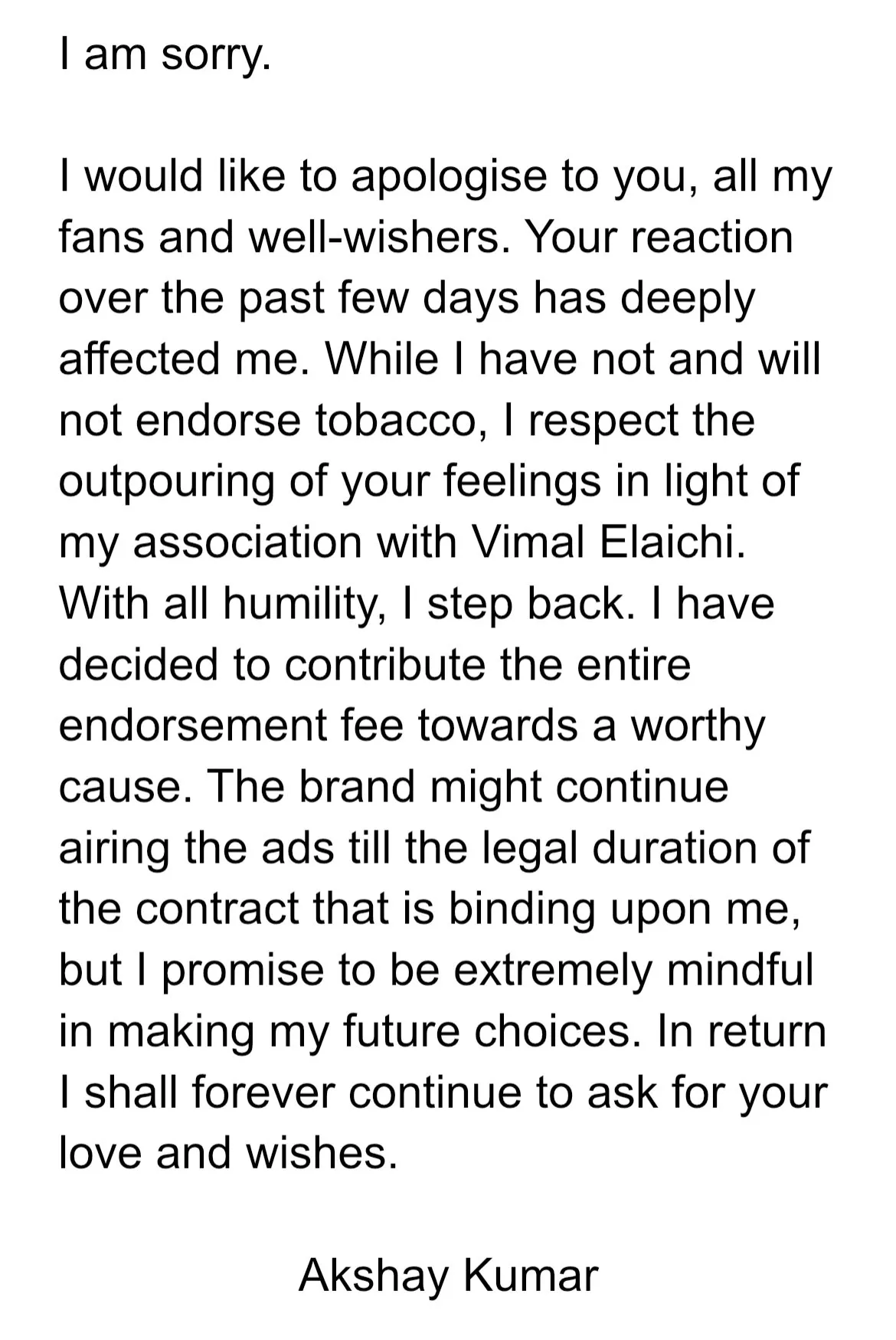 Apology note of Akshay Kumar  