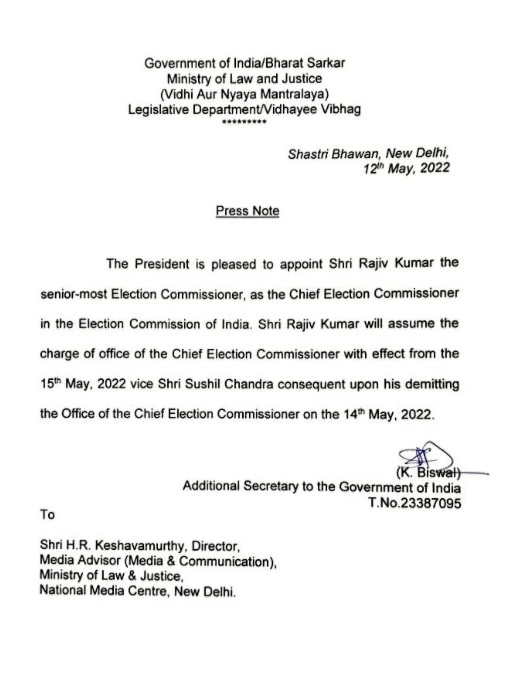 Rajiv Kumar appointed CEC  