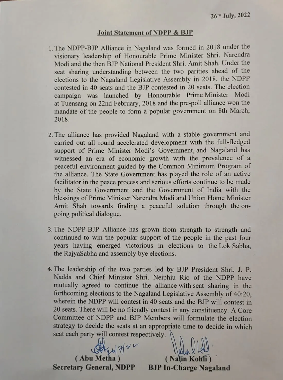 Joint statement of NDPP and BJP  