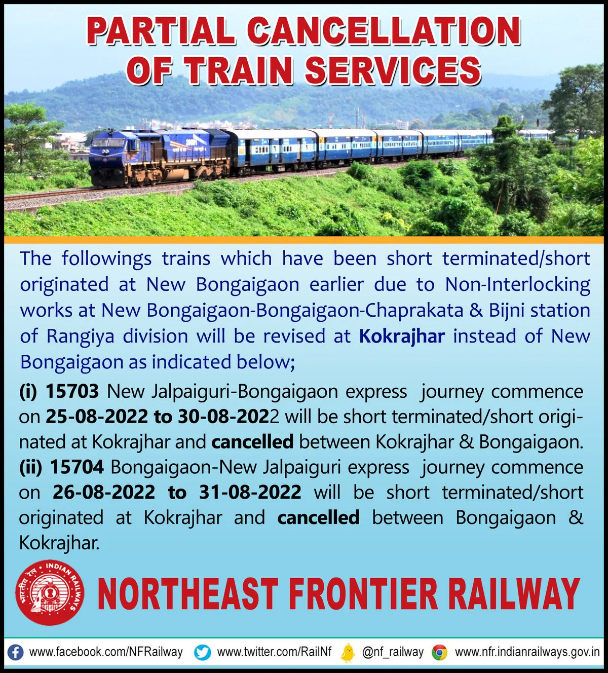 NF Railway Cancelled trains revised from Kokrajhar  