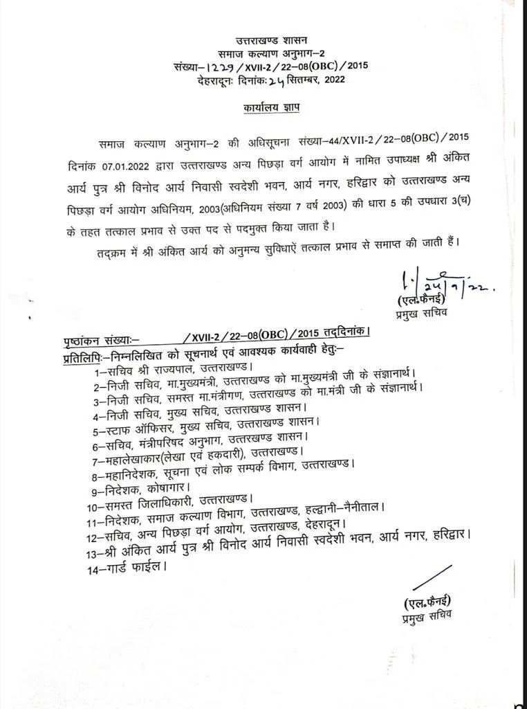 Vinod Arya and Ankit Arya relieved by Uttarakhand government  