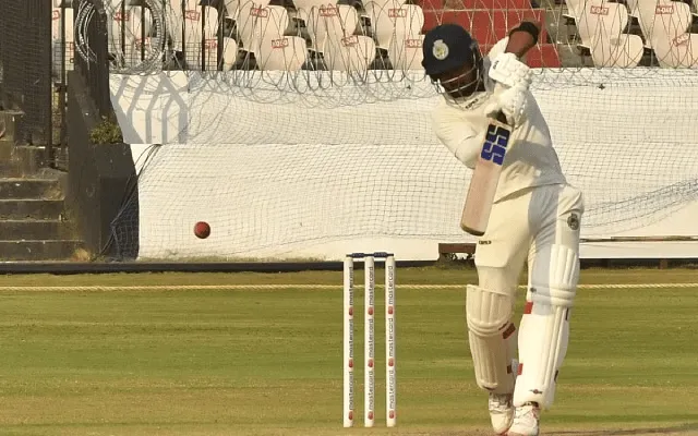 Riyan Parag in action against Hyderabad in Ranji Trophy  